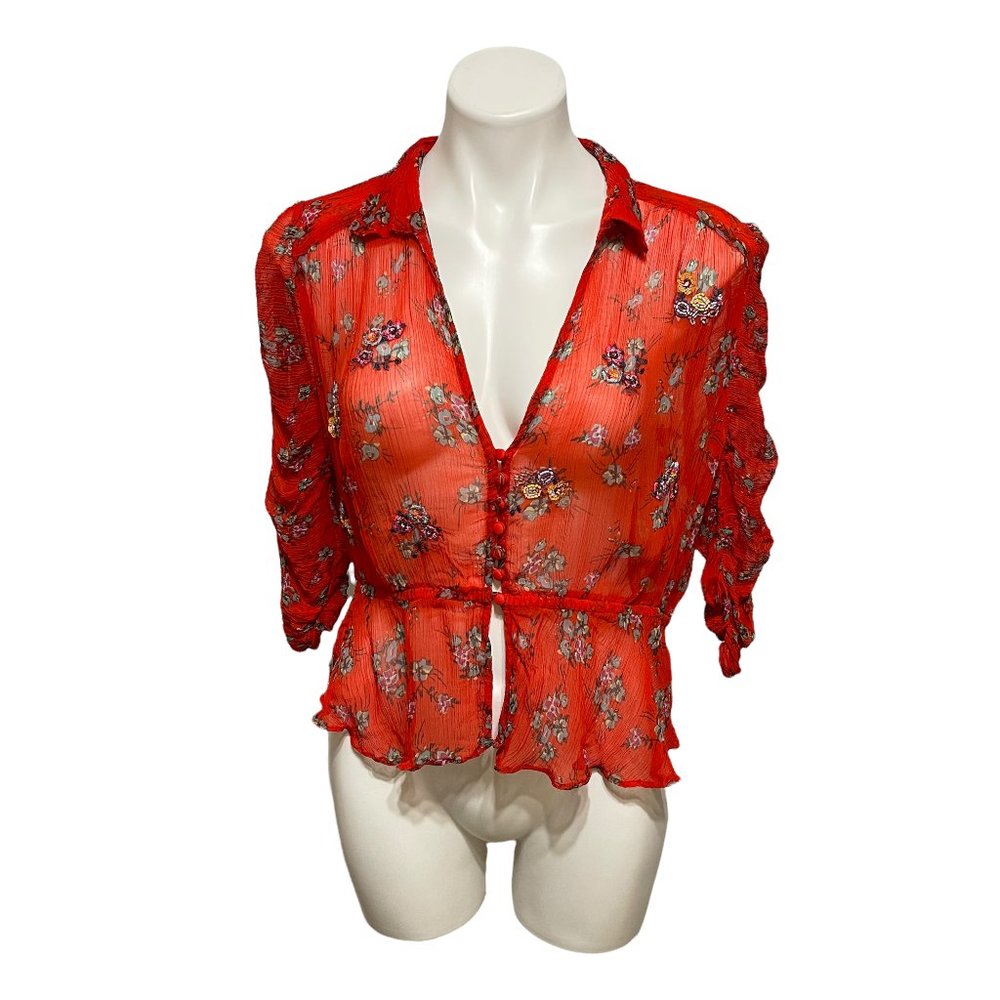 Free People Red Floral Pleated Crop Top